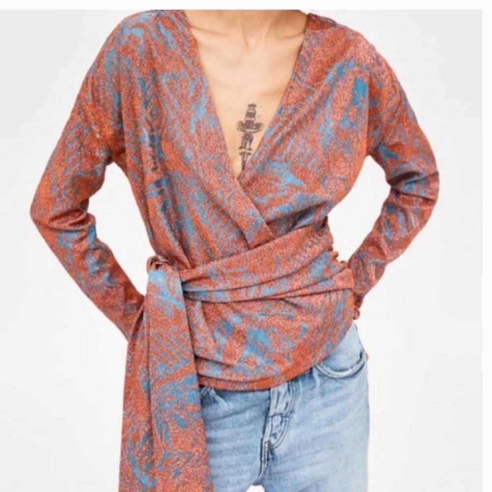 Zara Womens Designer Print Surplice‎ Bodysuit Chain Brocade Print Satin S